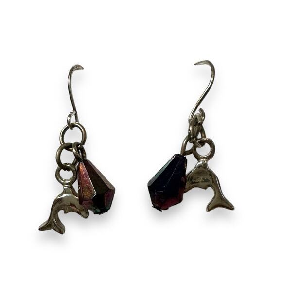 Dolphin Earrings Vintage Silver Tone Pearlescent Bead Fun Lightweight Dangles - Picture 3 of 8